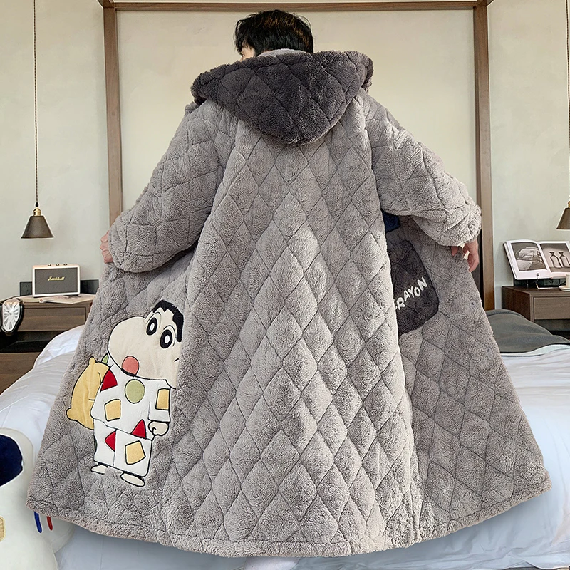 珊瑚绒男士睡袍秋冬季款三层夹棉加厚加绒睡衣男款冬天保暖家居服