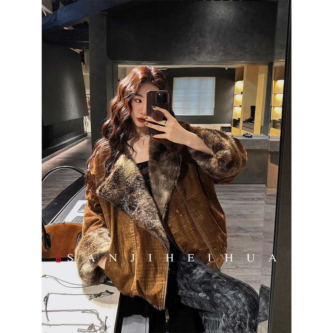 人造皮草 三吉黑花【朱颜】扎染毛秋冬厚外套女装独特漂亮2025新款