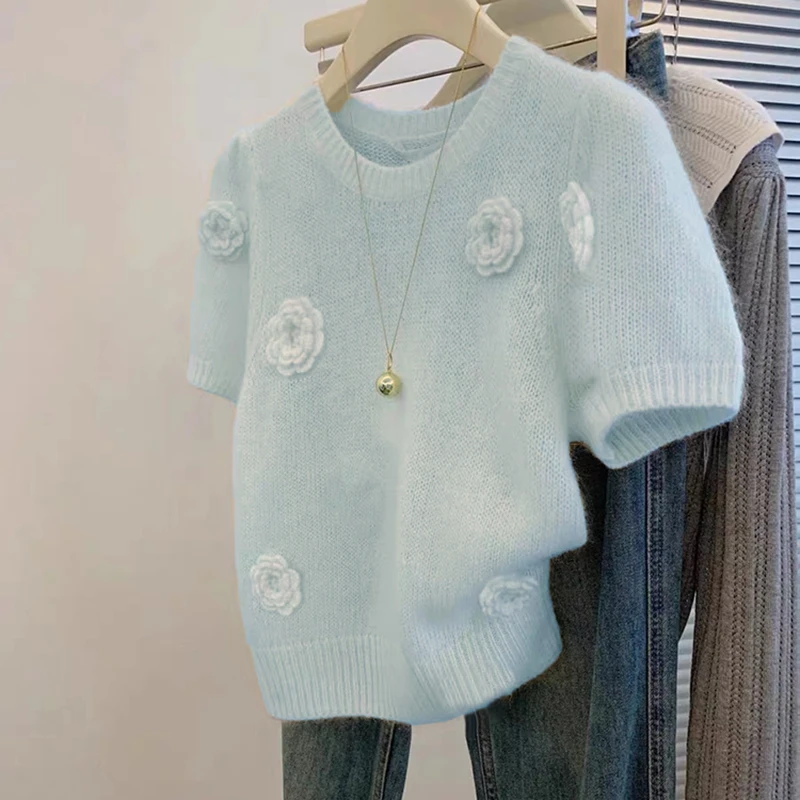 超好看法式小众立体花朵针织短袖女设计感甜美小个子短袖t恤上衣