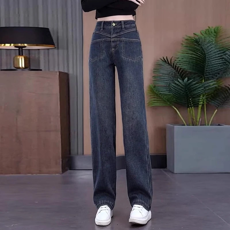 拉夏贝尔直筒牛仔裤女2025新款春秋高腰显瘦宽松九分窄版阔腿裤子