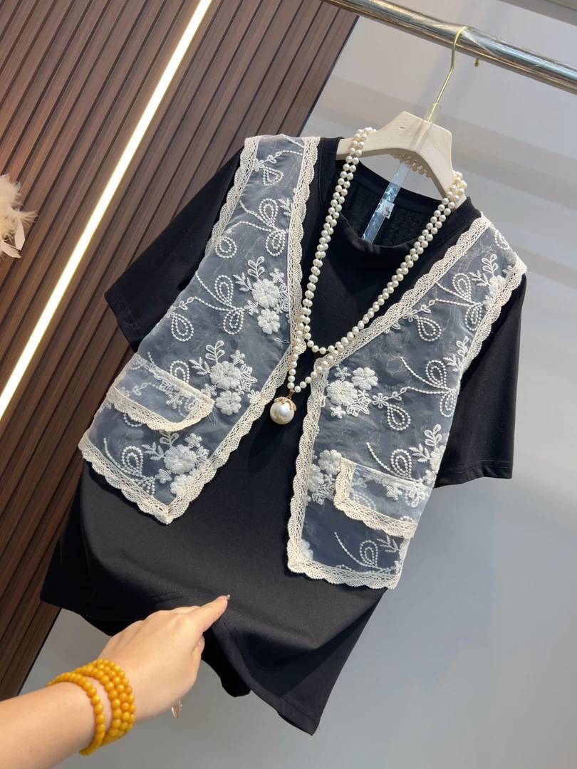 欧洲站新款胖mm显瘦遮肚法式假两件蕾丝拼接夏季大码短袖T恤裙女