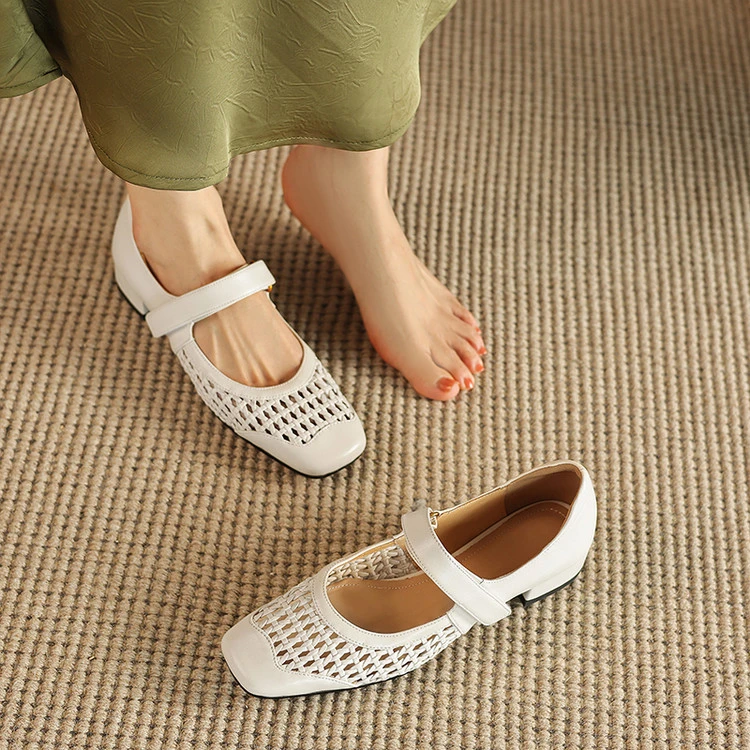 法式方头春季单鞋女2025新款平底镂空编织一字带玛丽珍鞋低跟百搭