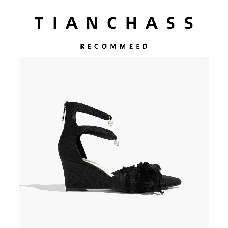 ｛黑道千金内增高｝名媛坡跟包头凉鞋女夏季珍珠蝴蝶结仙女风高跟鞋