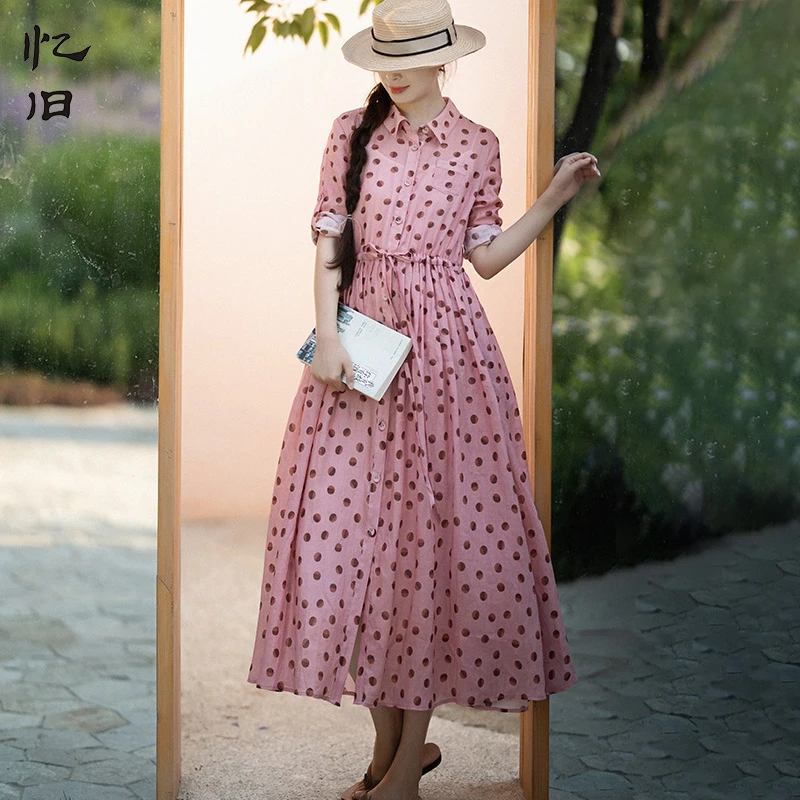 现货2087【柔情】苎麻连衣裙女薄款新款夏季波点长裙气质衬衫裙