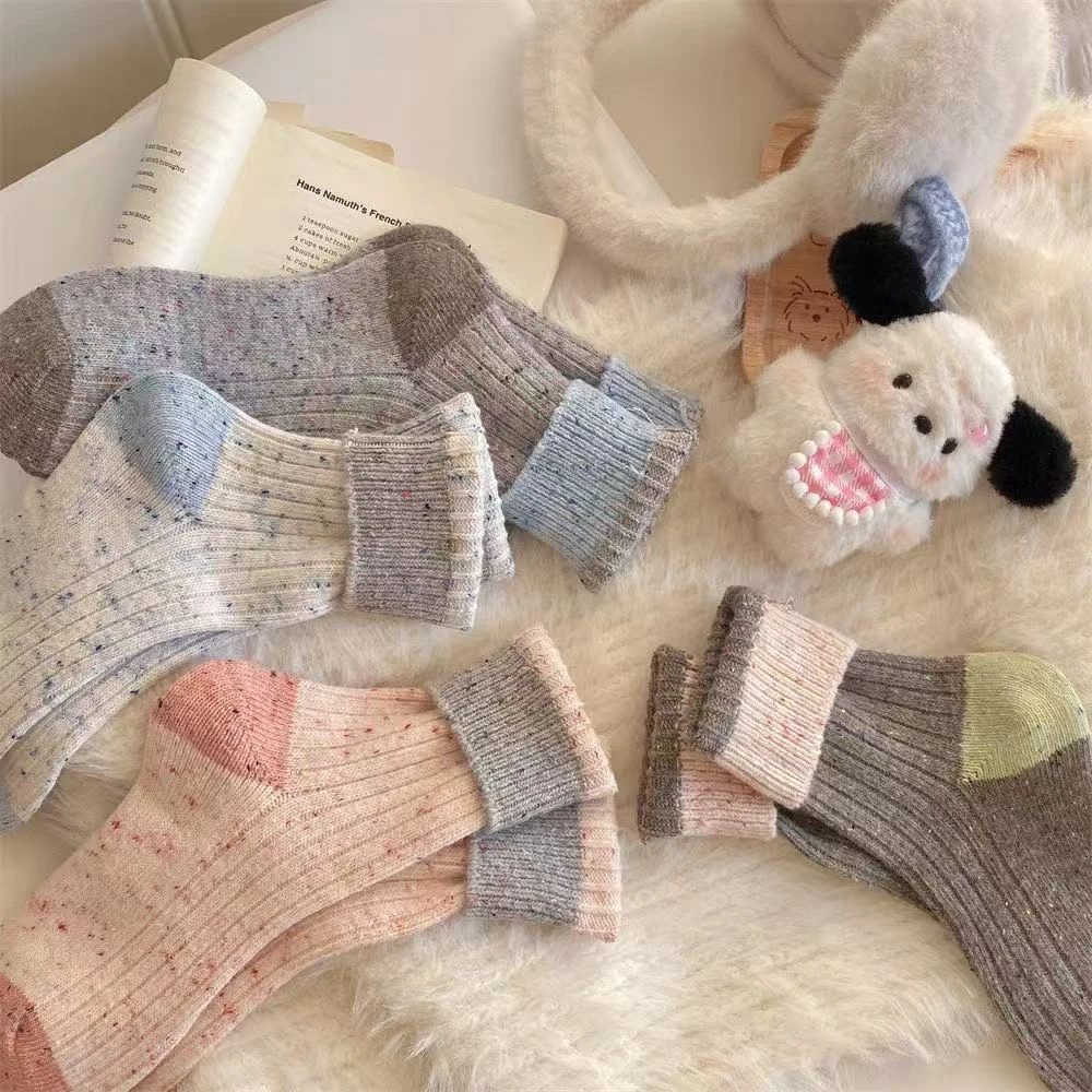 秋冬ins东大门简约袜子女韩国拼色撞色点子纱加厚保暖中筒堆堆袜