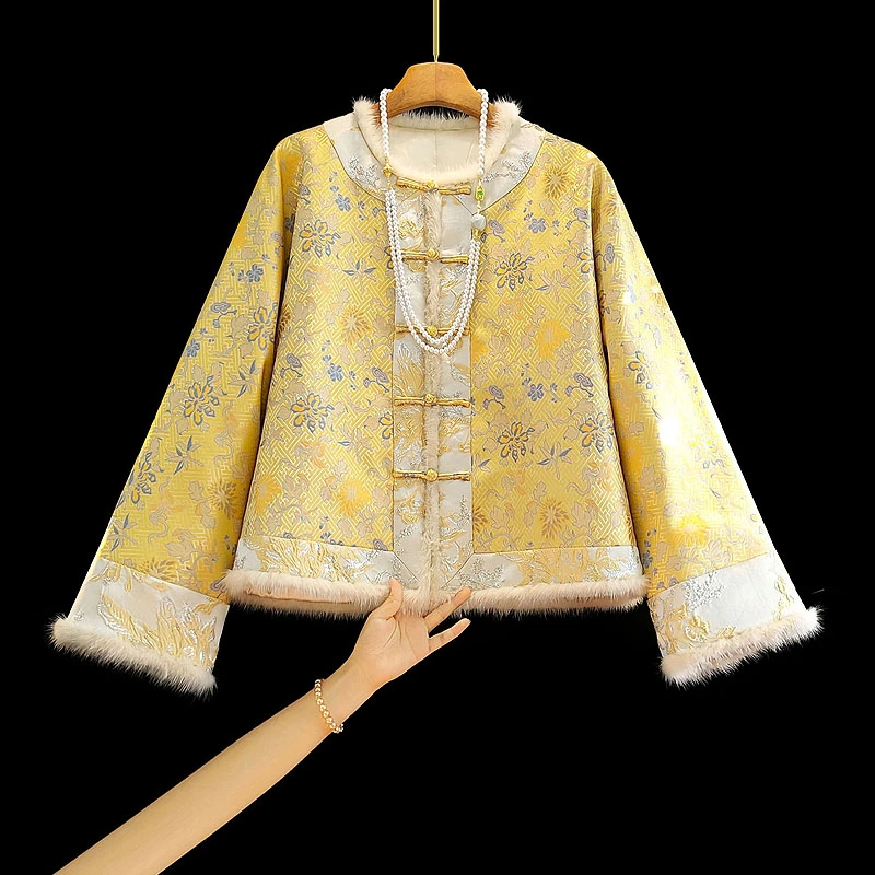 新款上新气质秋冬宽松显瘦通勤提花花水貂毛手工扣国风棉服外套