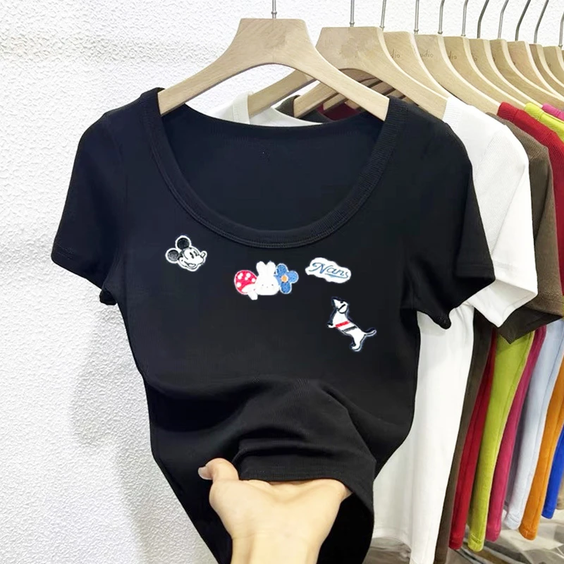 重工刺绣精梳棉卡通正肩短袖t恤女2025夏季新款高弹T修身显瘦半袖
