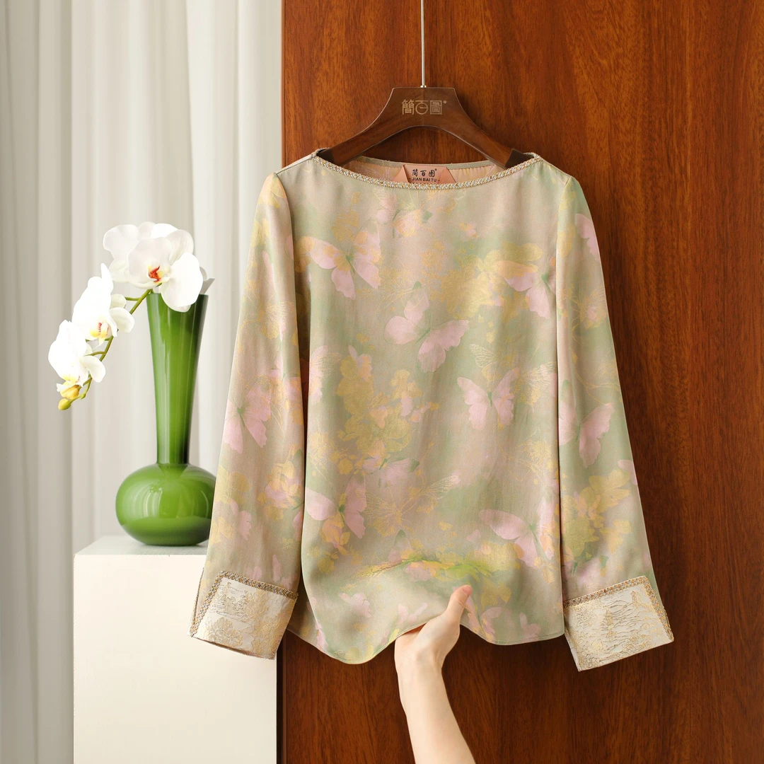 2025早春新款气质百搭时尚衬衫一字领重工提花缎面衬衫