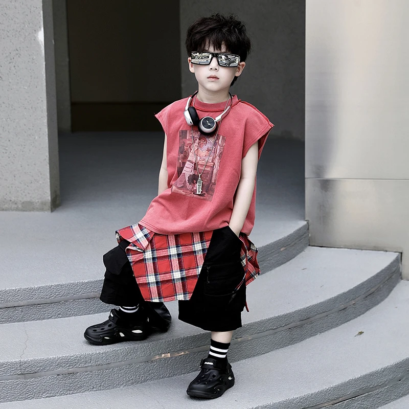 【现货】Jimmy妈童装 赤土红锈夏季儿童卡通印花水洗做旧红短袖背心