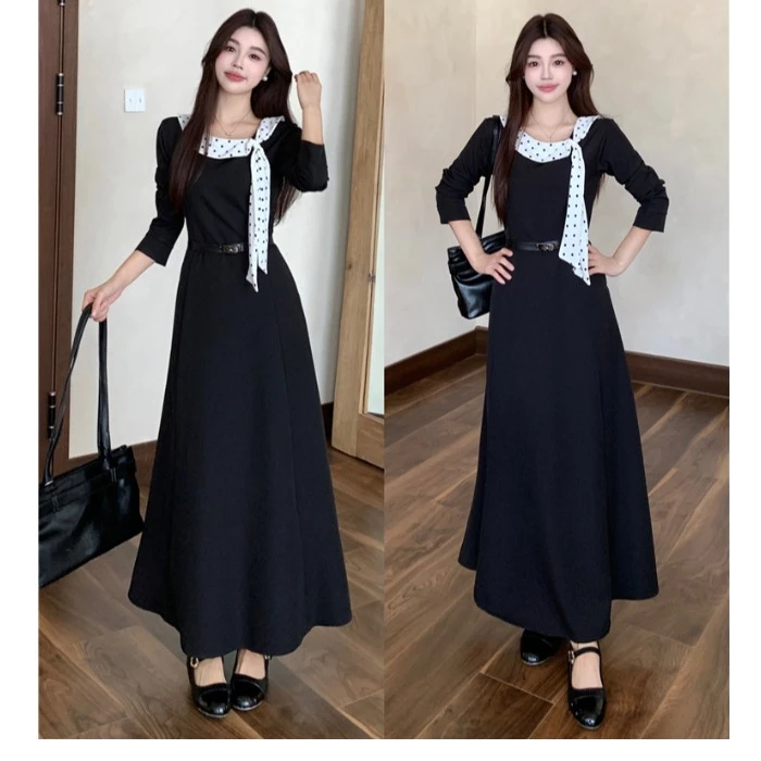 高级感波点飘带黑色连衣裙女大码显瘦春秋胖mm收腰遮肚子复古长裙