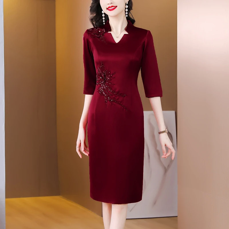 喜婆婆婚宴装醋酸缎礼服裙2023秋季新款时尚优雅复古修身连衣裙