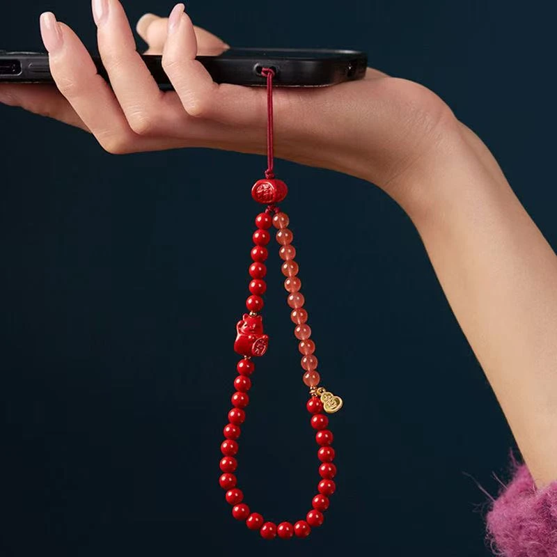 含辰砂工艺品朱砂帝王砂招财猫手机挂件卡通可爱精致手腕款手机链