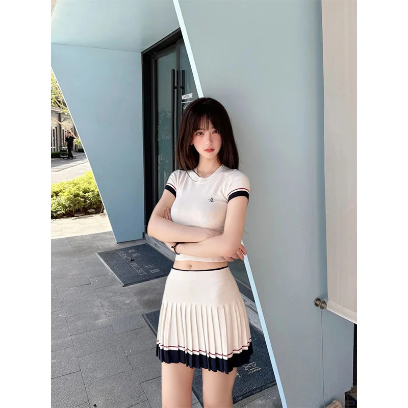 夏季INS风休闲百搭新款撞色圆领短袖上衣高腰a字半身裙短裙套装女