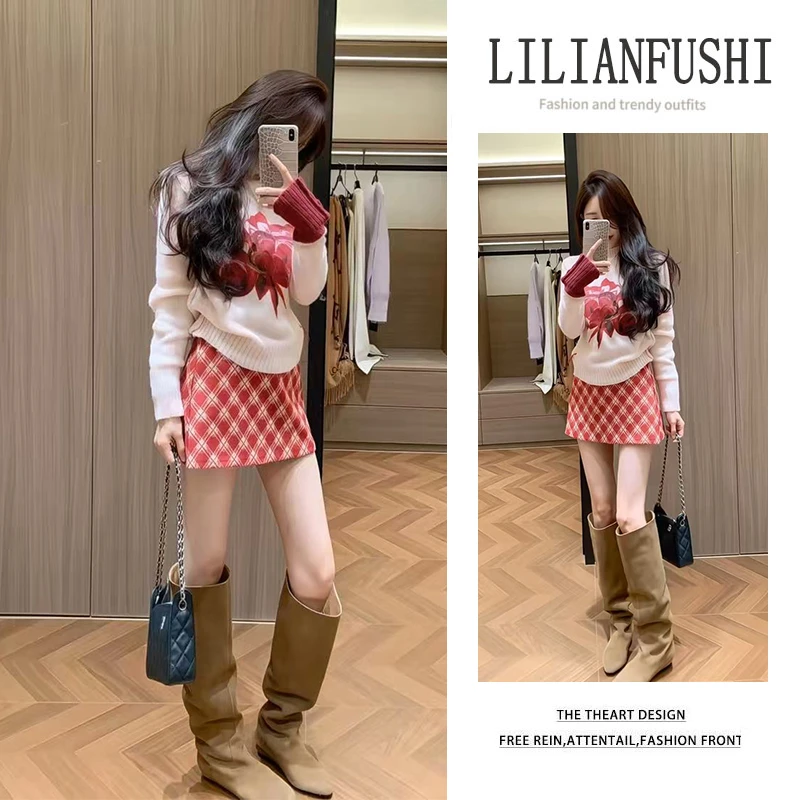 冬季温柔系穿搭女2025新款法式小香风气质显瘦毛衣休闲半身裙套装