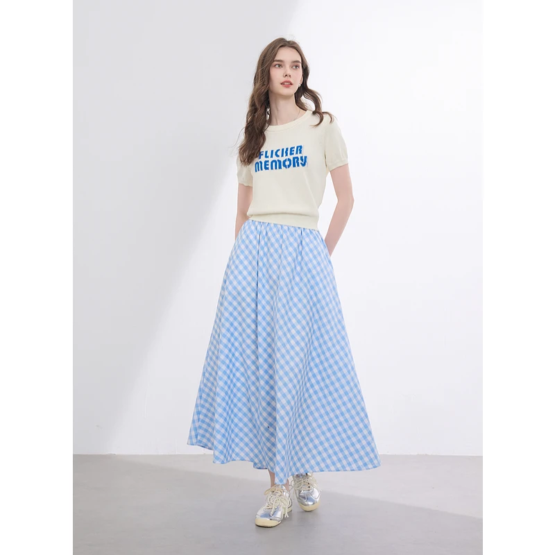 三彩2025夏季新款字母提花针织衫圆领短袖套头毛衫休闲上衣女M