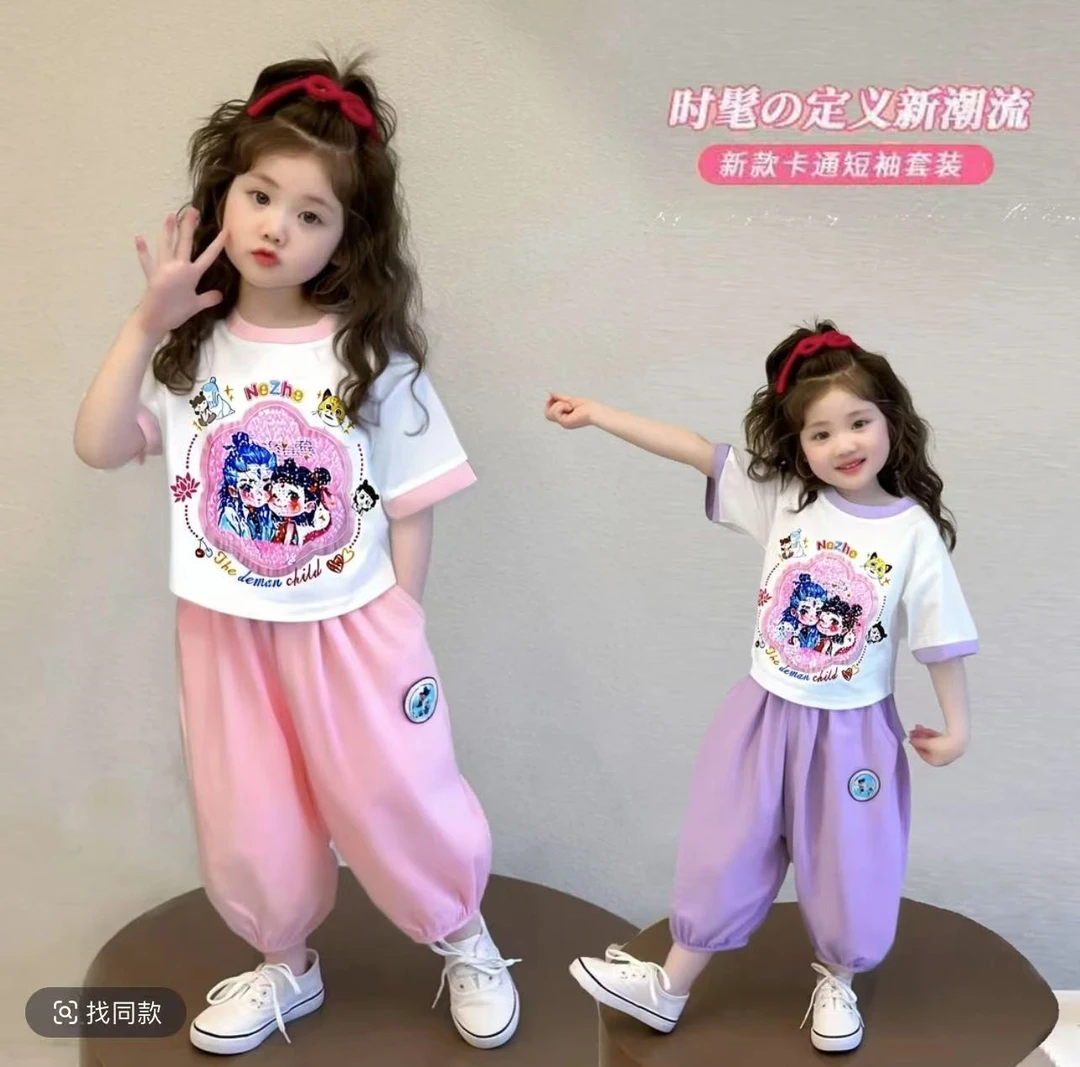 【现货】亮片女童哪吒套装2025新款儿童短袖亮灯裤子卡通变脸两件套