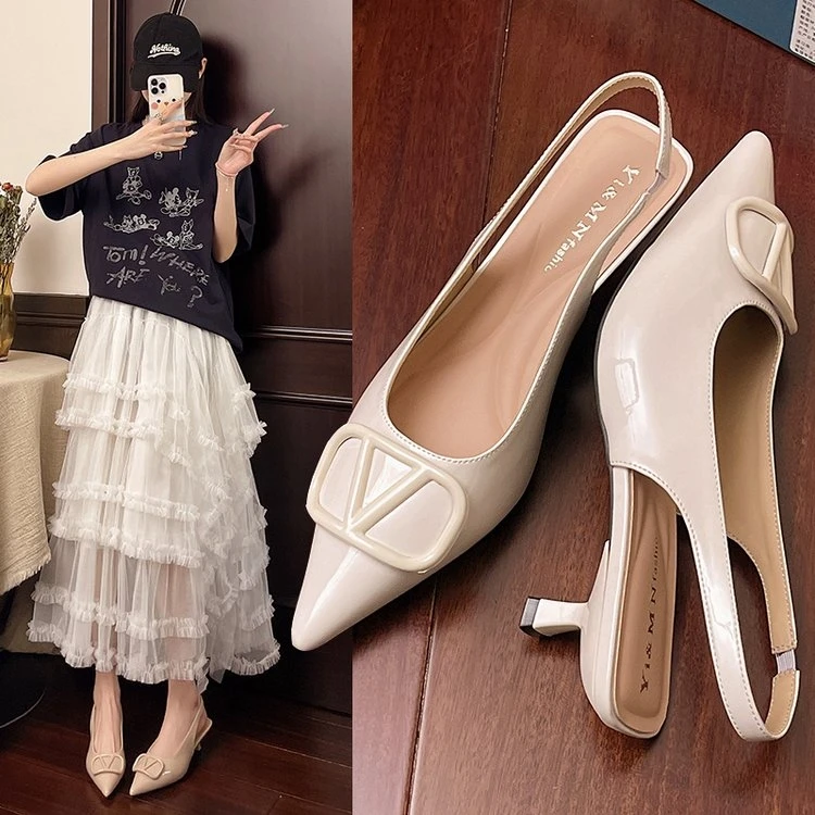 2025年新款春秋气质高跟鞋法式细跟尖头一字绝美包头凉鞋女鞋