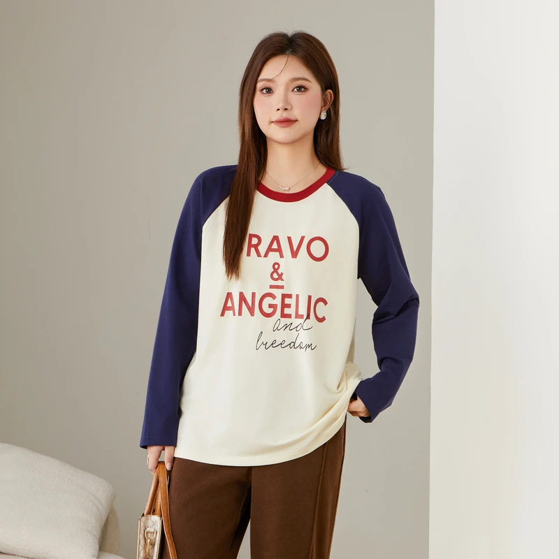 采多宝大码女装插肩撞色字母印花秋款新品宽松长袖T恤 DDZ2502