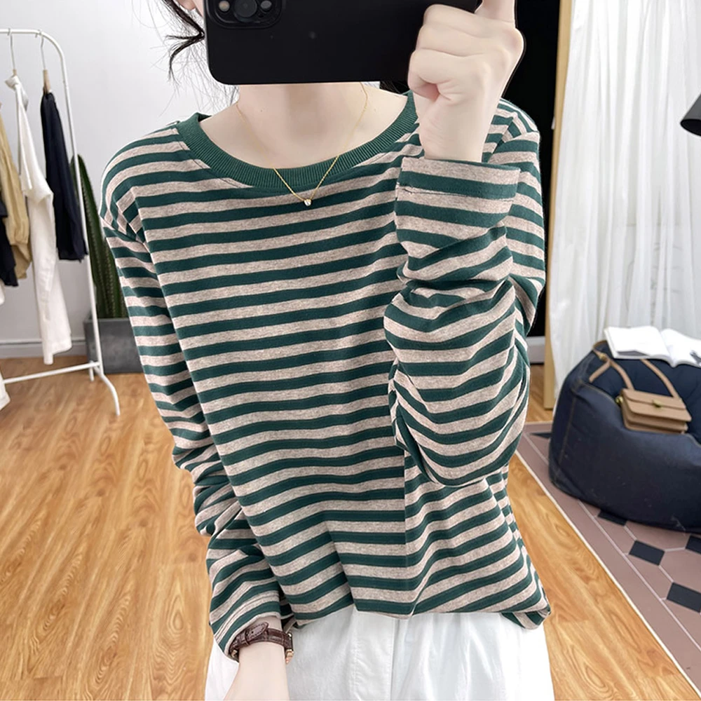 撞色条纹长袖T恤女春秋宽松减龄棉质圆领复古显瘦休闲打底衫上衣