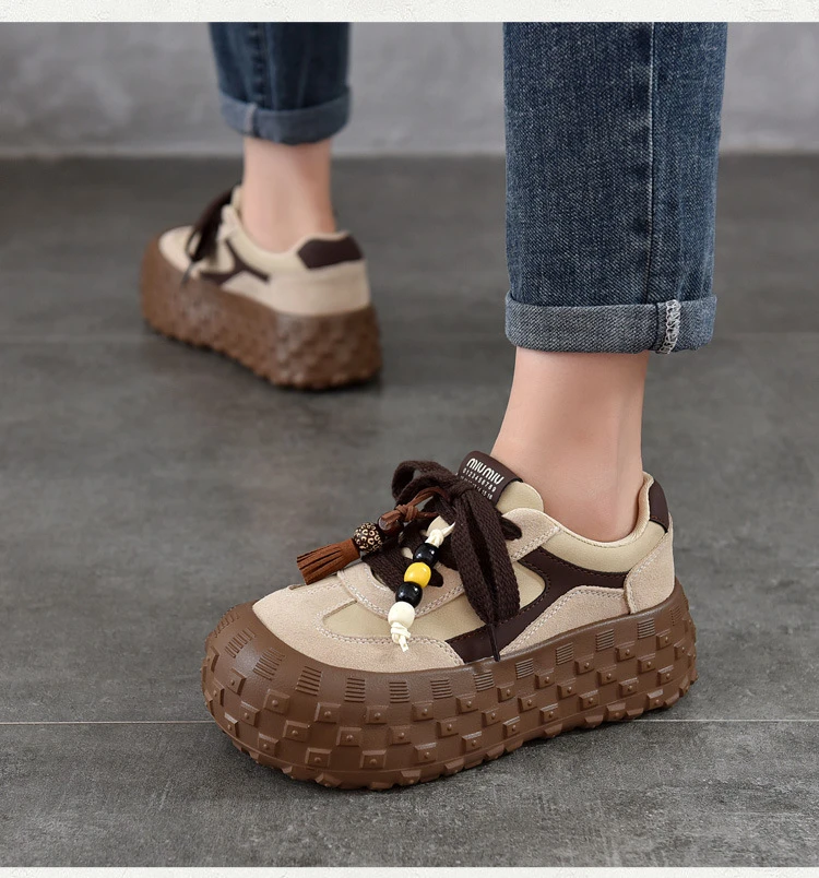 升级款榴莲鞋2025秋新款真皮运动休闲鞋轻便厚底老爹鞋女低帮单鞋