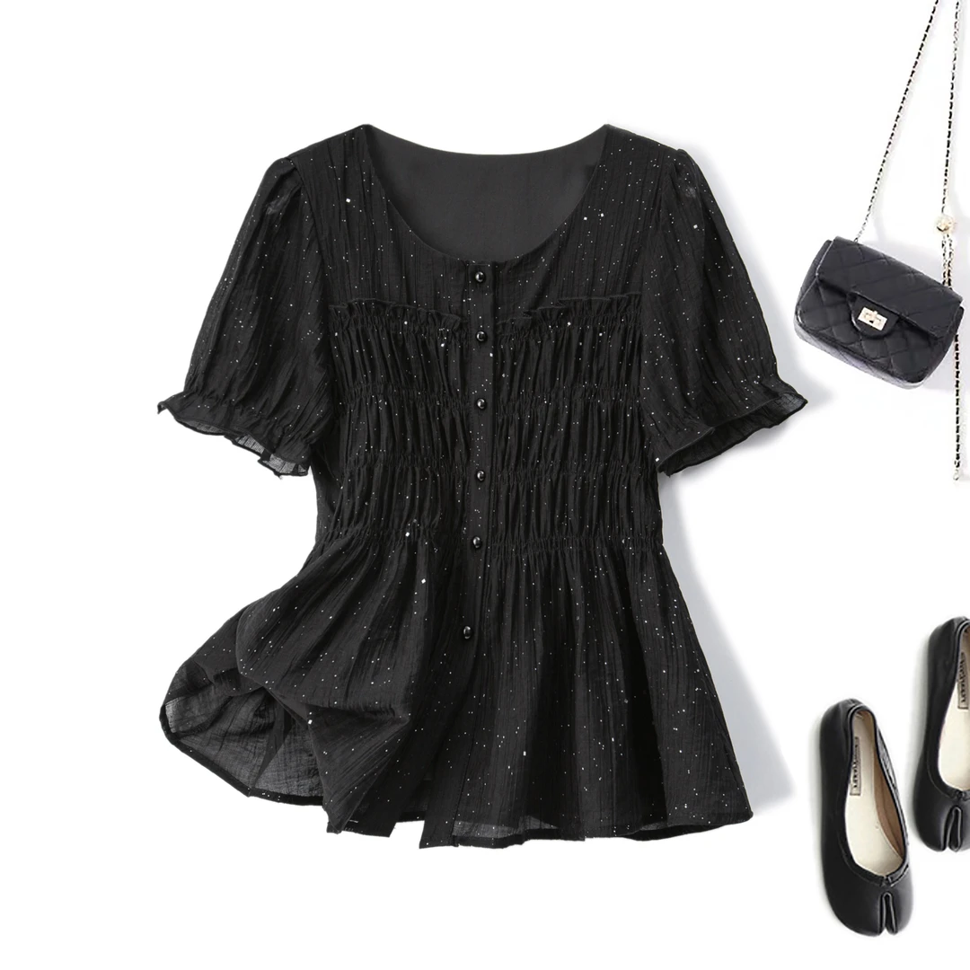 2025夏装减龄大码女装收腰显瘦褶皱短袖衬衫甜美泡泡袖小衫64262