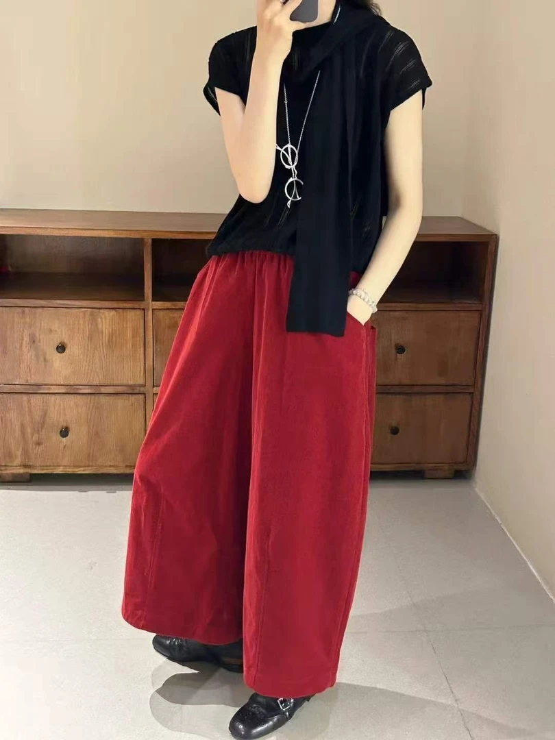 中国风灯芯绒休闲阔腿裤