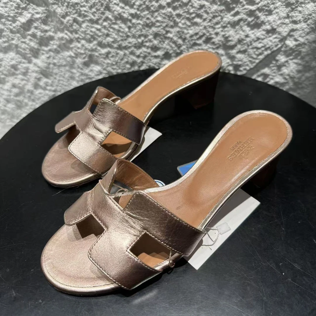 95新 Hermes/爱马仕 36码/仔仔女鞋/香槟金H女士粗跟经典拖鞋1257