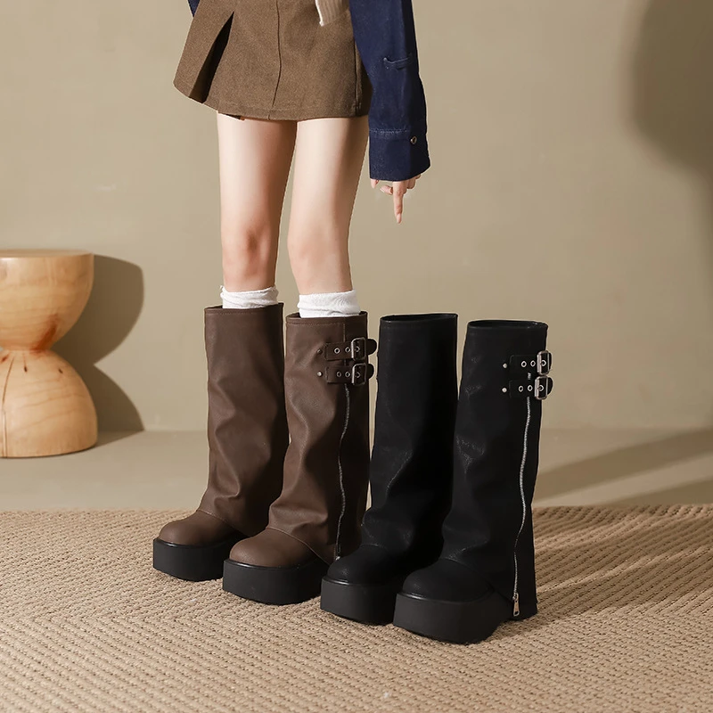 秋季长筒女小个子裤管单里骑士厚底增高胖MM百搭长筒棕色靴子