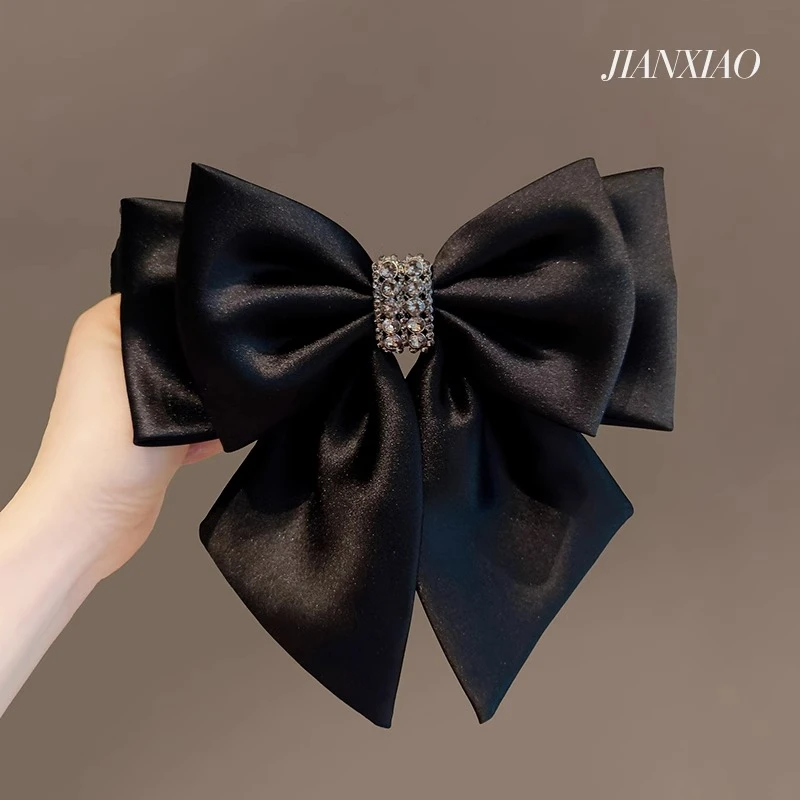 高级感缎面黑色蝴蝶结弹簧夹发夹后脑勺头饰发卡水钻气质