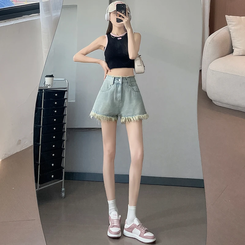 时髦设计感毛边牛仔短裤夏季新款辣妹高腰显瘦梨形身材A字短裤