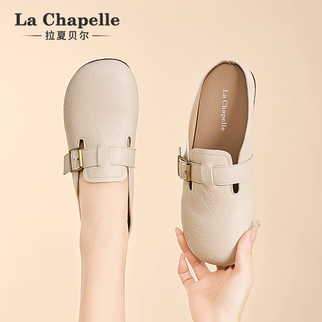 拉夏贝尔平底勃肯半拖鞋女款2025冬季新款复古休闲包头拖百搭单鞋