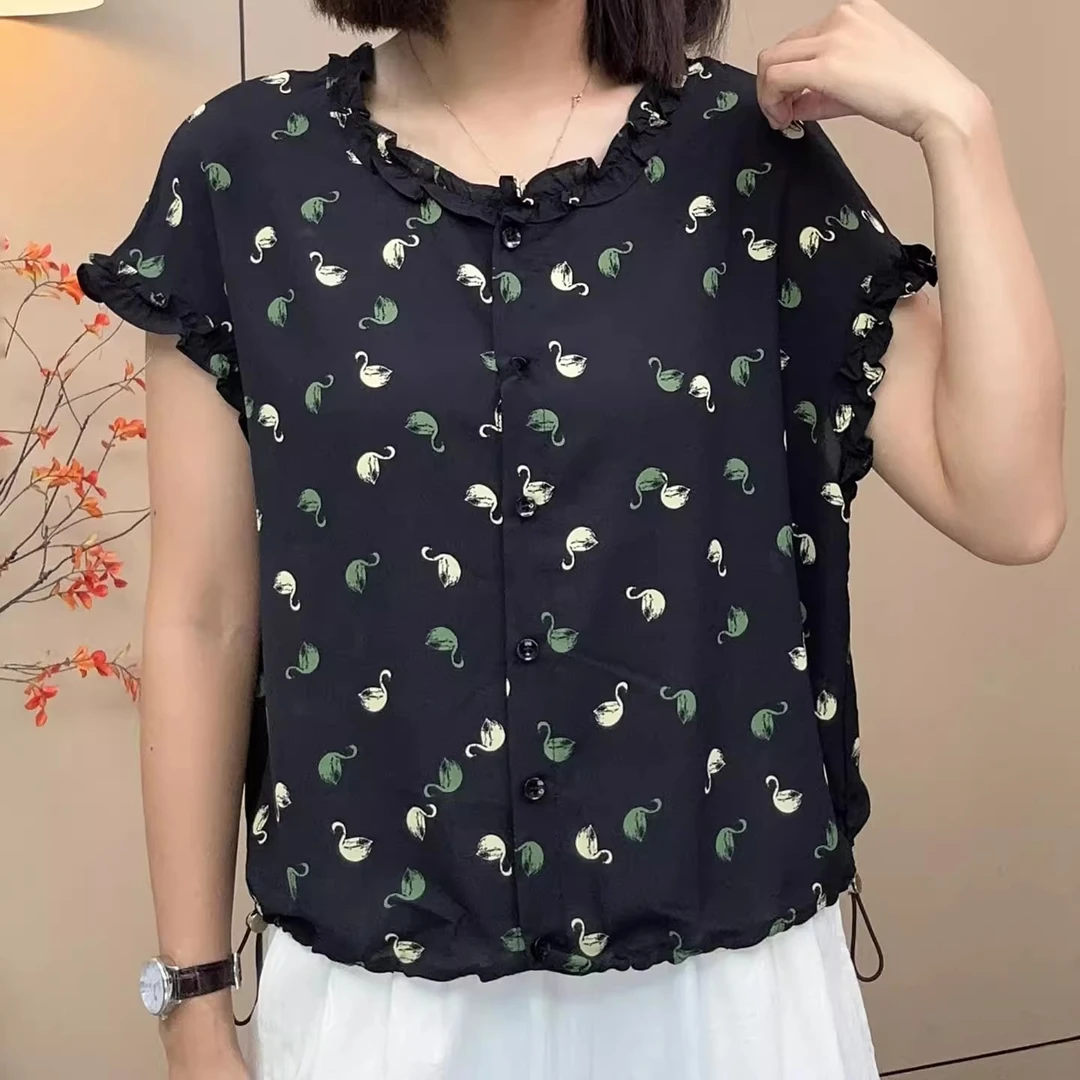 夏季新款时尚优雅气质上衣小天鹅印花女短袖百搭显瘦减龄T恤小衫