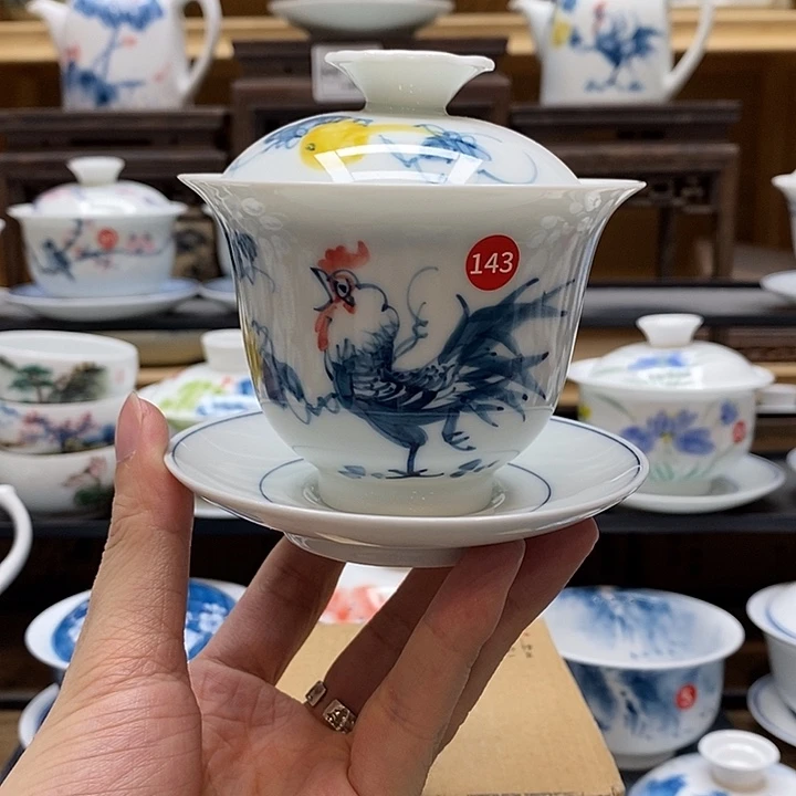 手绘公鸡盖碗160cc釉下彩微瑕福利款