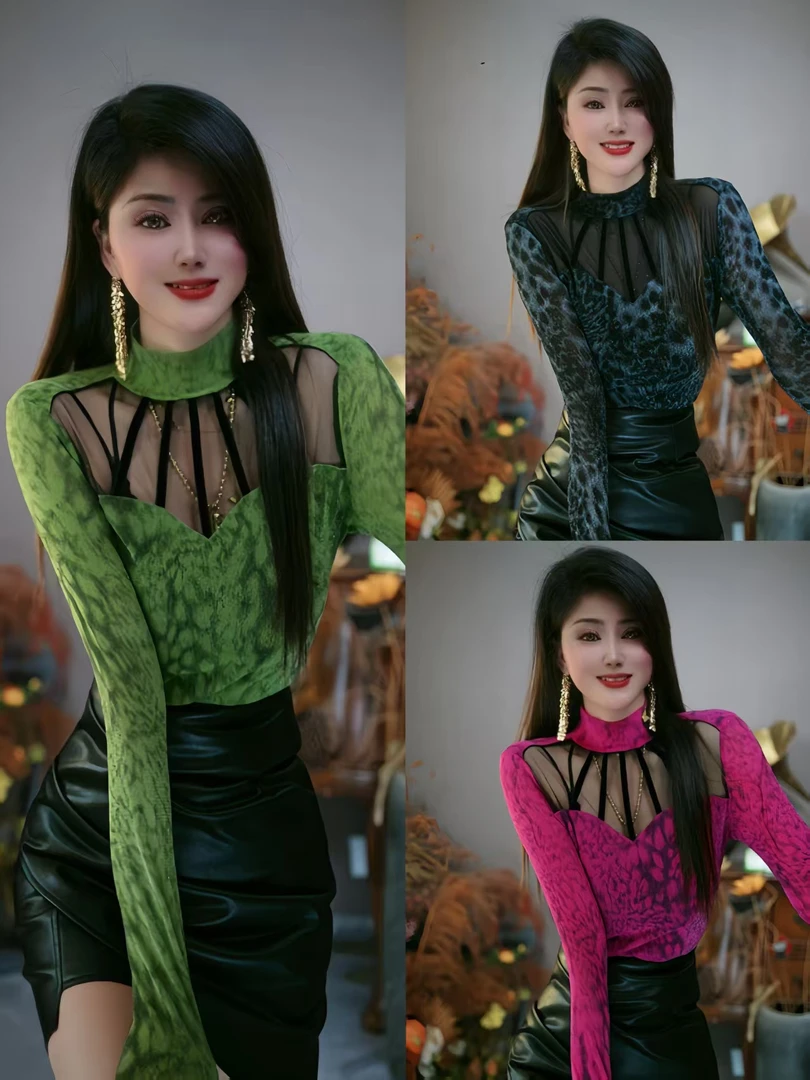 2星随6186秋冬新款风网纱拼接半高领露肩长袖时尚洋气上衣