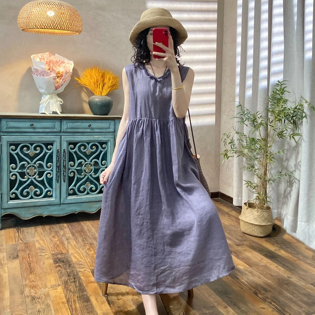 喜卓25388“感官夏日”设计款花边领苎麻素色轻盈感连衣裙