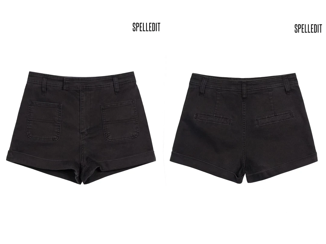 SP25ss 正品无退换 黑色弹力卷边短裤时尚休闲修身牛仔裤子女