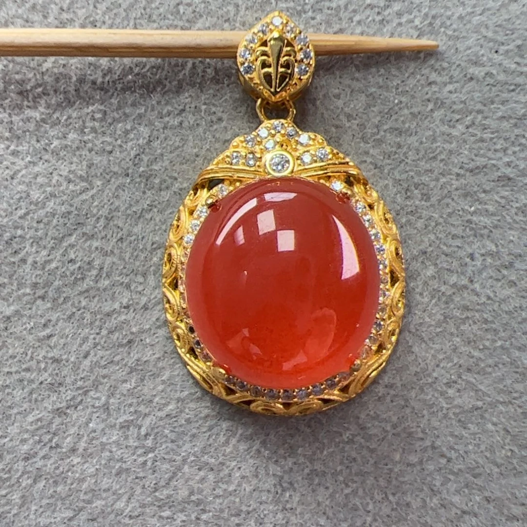 南红玛瑙保山冰红吊坠14*12银S925镶嵌