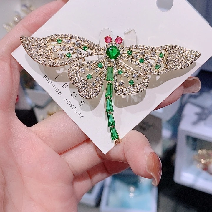 锆石铜合金蜻蜓胸针 绿色