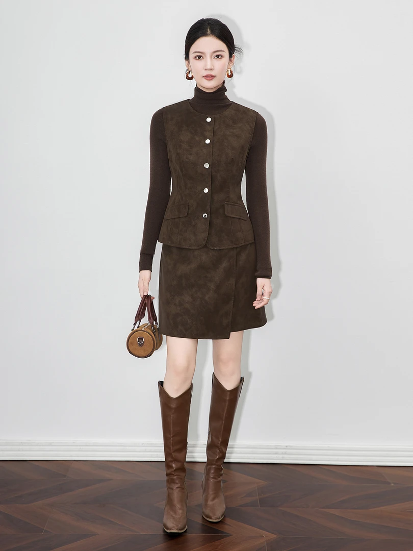 时髦摩登洗旧磨砂皮复古收腰马甲+半身裙两件套装秋冬新气质长袖