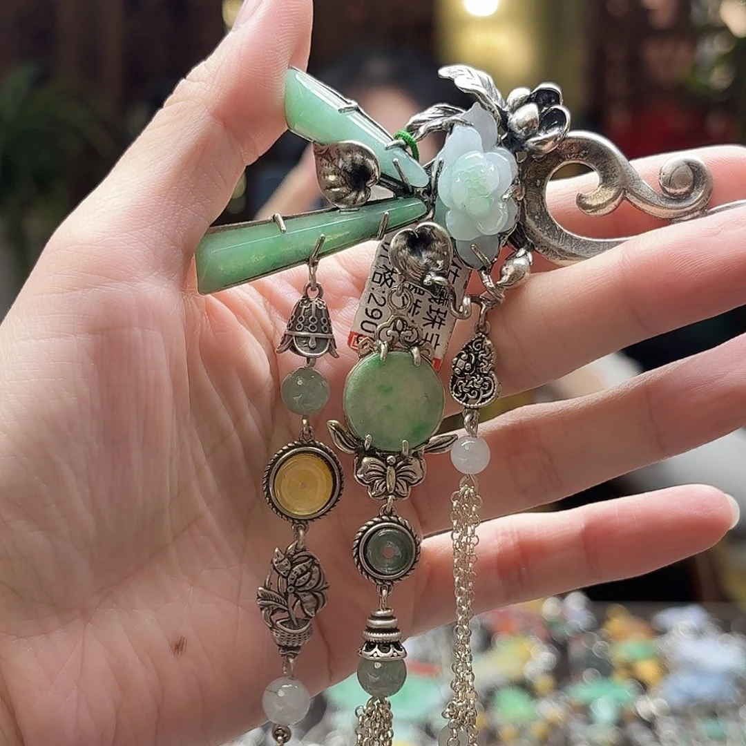 翡翠银S925镶嵌发簪发簪