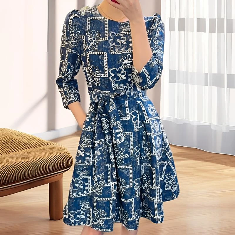 （天丝牛仔）星光高定精致线绣七分袖收腰系带连衣裙308号