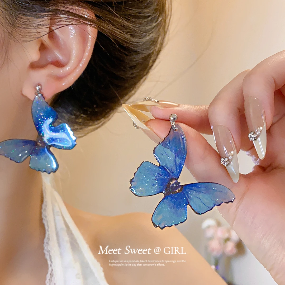 非金属树脂耳饰 蓝色千金风日韩耳钉蝴蝶耳饰仙气优雅精致简约ins