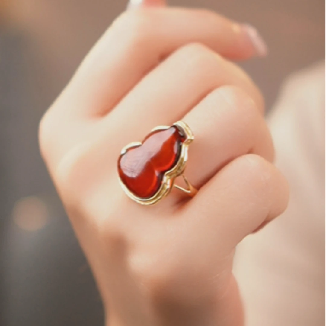 夏歌珠宝 天然琥珀蜜蜡缅甸天然琥珀戒指气质时尚镶嵌精美高冰