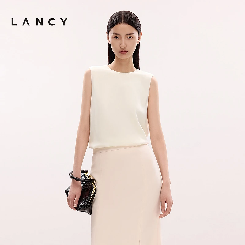 LANCY/朗姿2025年夏新款简约气质通勤圆领白色无袖衬衫高级职业女