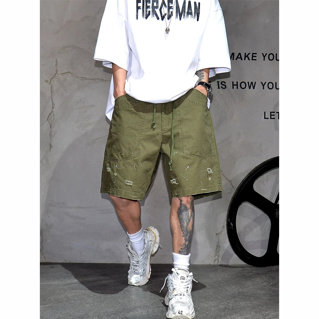 纯棉色阔腿工装休闲短裤男潮牌宽松抽绳破洞五分裤子日系复古军绿