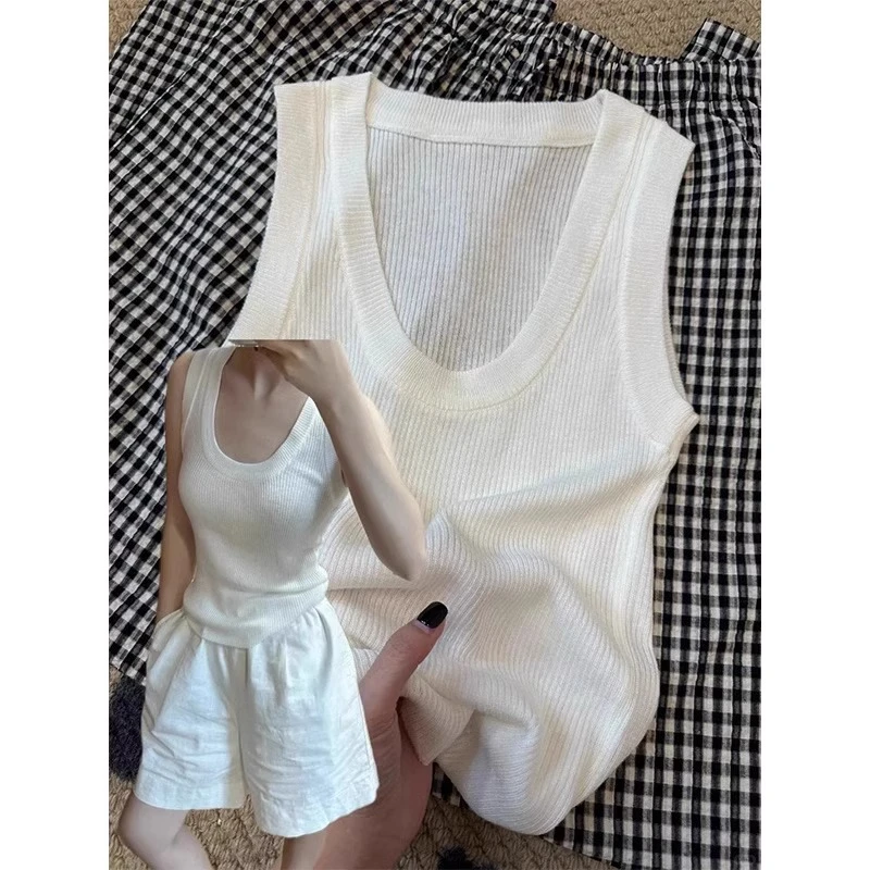 U领薄款冰丝针织吊带女夏季2025新款无袖内搭上衣慵懒外穿背心