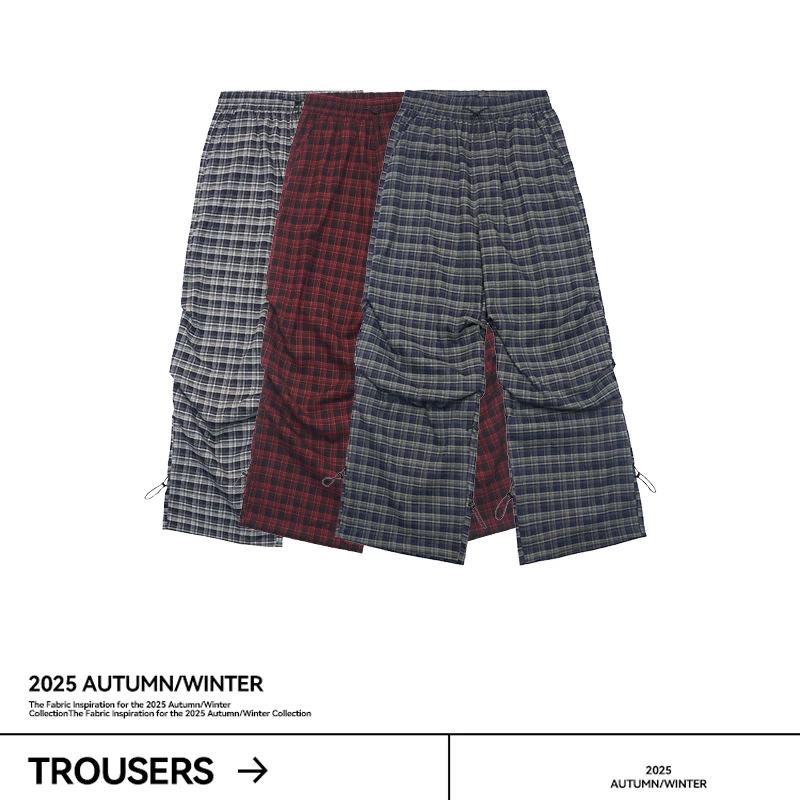 NOTIICED秋冬新款美式复古格纹伞兵工装裤宽松直筒休闲长裤男女