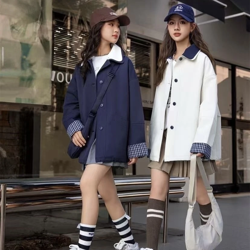 女大童秋款风衣常规翻领单排扣外套简约百搭韩版上衣潮流时尚穿搭