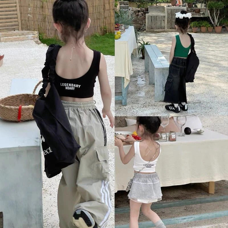 女童夏季背心2025新品韩系儿童甜辣舞蹈字母修身短款露背吊带上衣