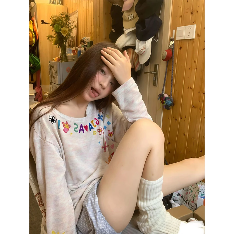 美式慵懒风彩色涂鸦印花长袖t恤女夏季设计感抽绳防晒罩衫ins